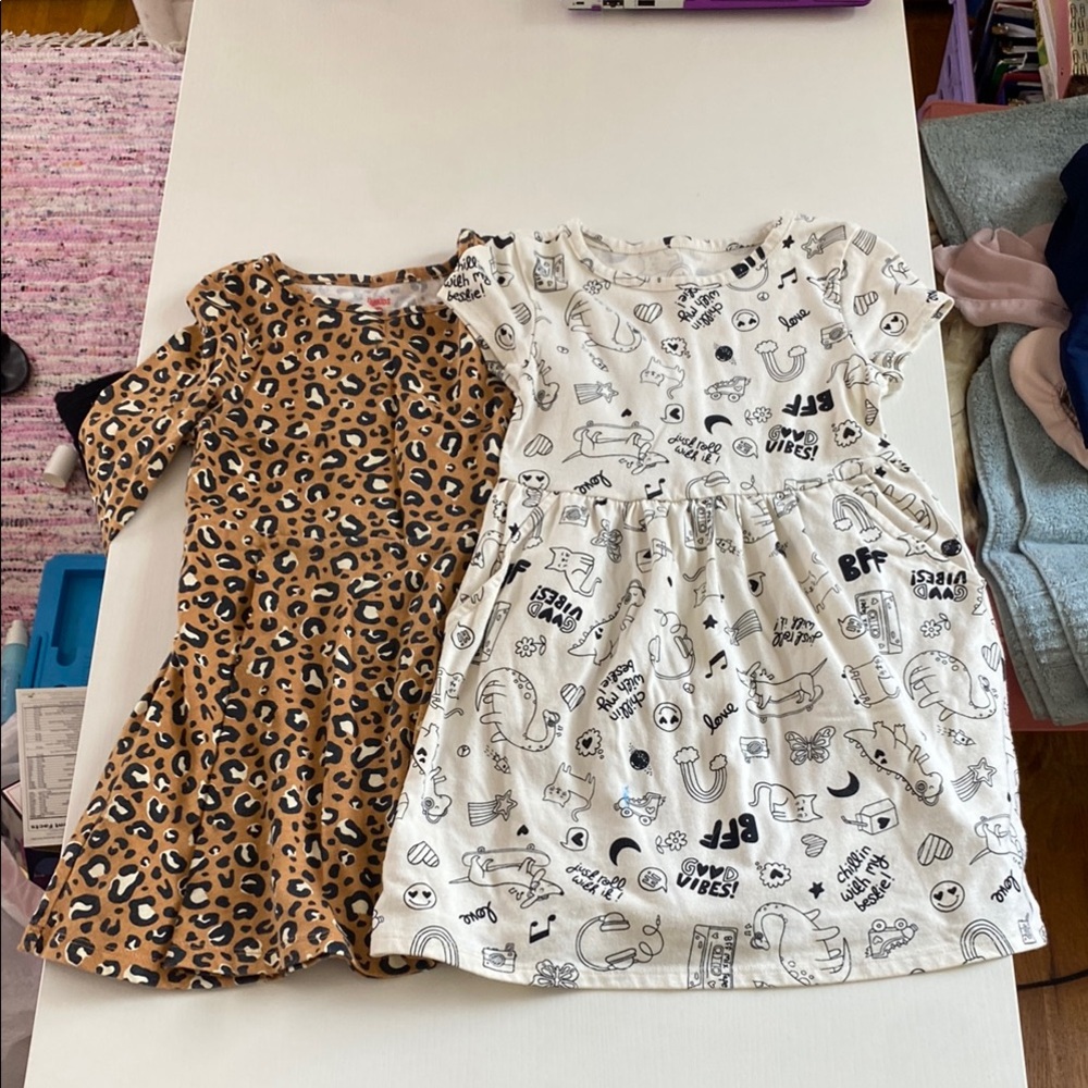 Stylish Kids Dresses Set - Leopard and White Print